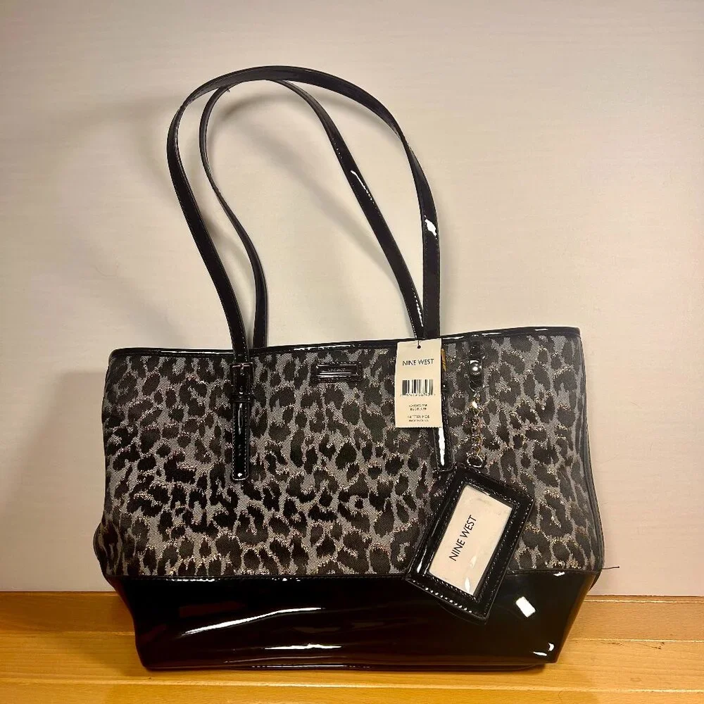 Nine West Glitter Mob Tote Purse Bag Leopard Print w/ Black Patent Trim New! - Picture 1 of 9